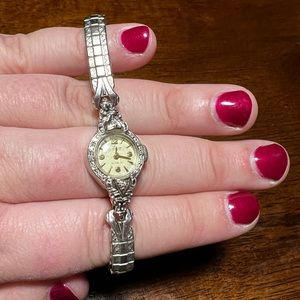 Vintage Benrus 14K Gold and Diamonds Ladies Wrist Watch, White Gold, Art Deco